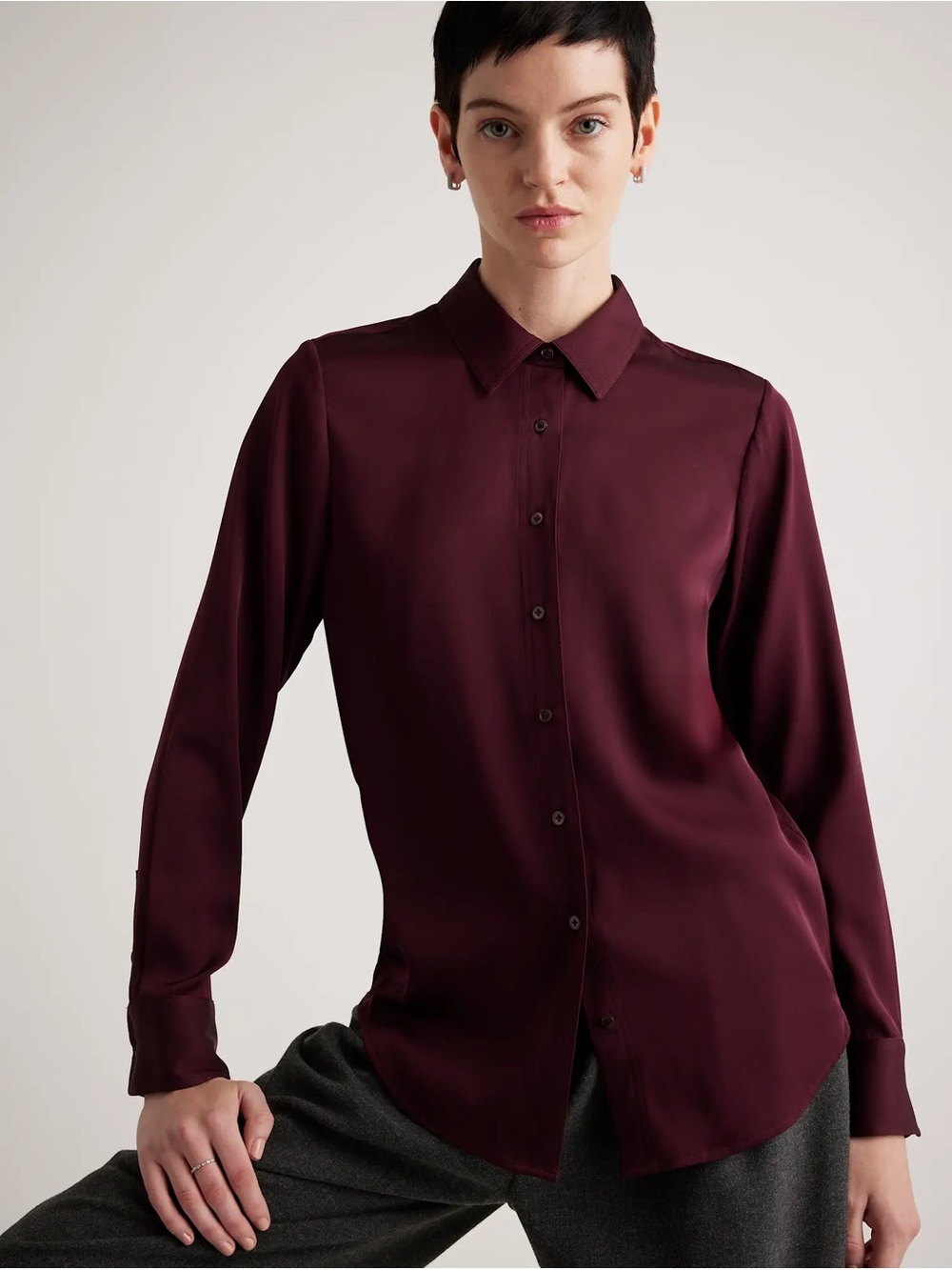 Quince Silk Burgundy Button-Up Shirt - Classic Tailored Style
